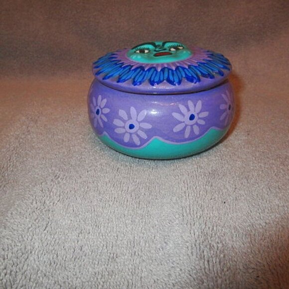 Mexican Talavera Celestial Sun Face Trinket Box Lid Cosmic Art Pottery Decor - Picture 2 of 6